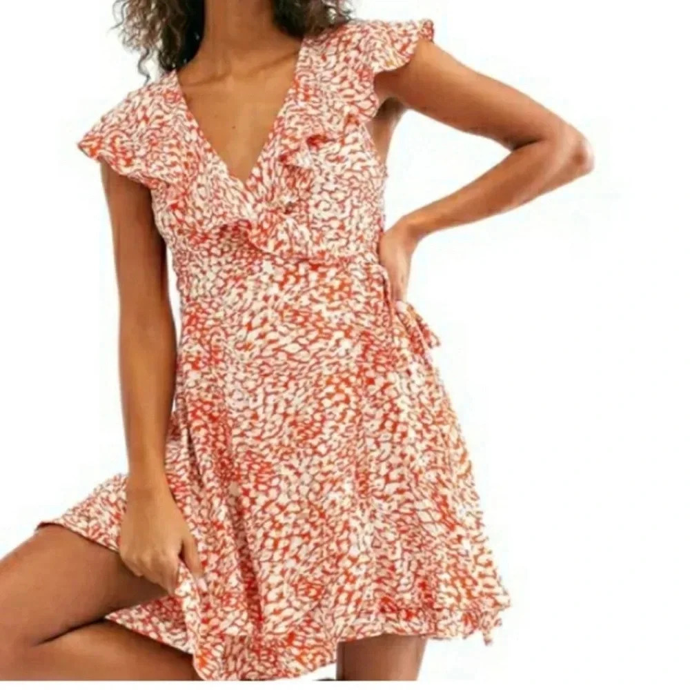 Free People Women's French Quarter Wrap Mini Dress Orange Print Size S Casual